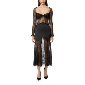 Nina Ricci Open Neck and Long Sleeves Lace and Satin Dress in Black FR 36 US 4